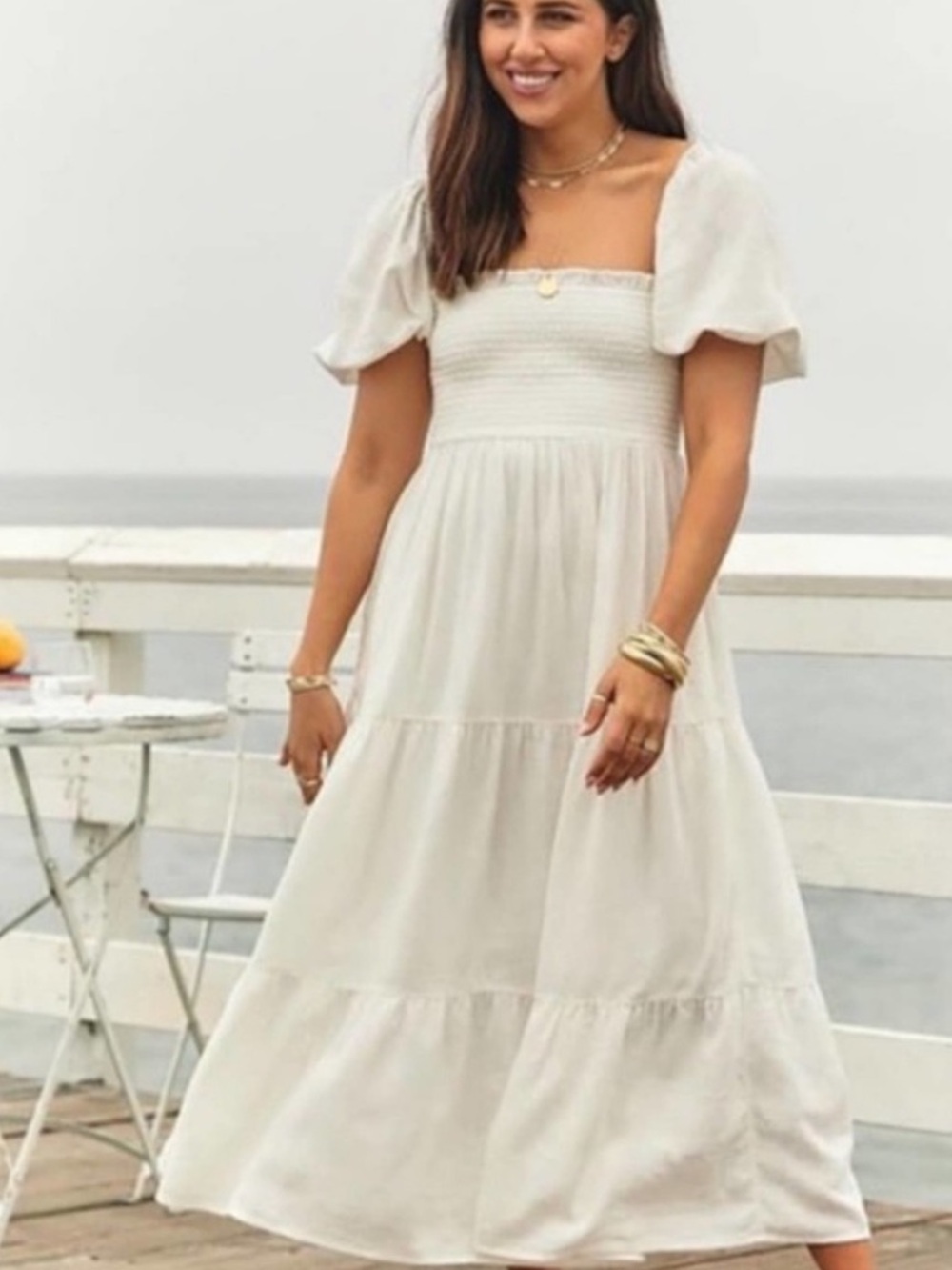 Abercrombie Smocked Square Neck Puff Sleeve Maxi Dress in Cream Linen Blend